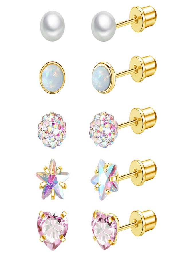 Staligue 5 Pairs Titanium Earrings for Women 20G Hypoallergenic Screw Back Stud Earrings for Sensitive Skin Cubic Zircon Heart Star Pearl Screw Back Nap Earrings Set（Golden） - Image 1